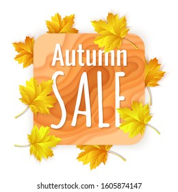 Orange paper cut background, Autumn sale banner template with yellow paper cut shapes for flyer with discount offers in fall season. Design for shopping sale or promo poster. Vector EPS 10 format