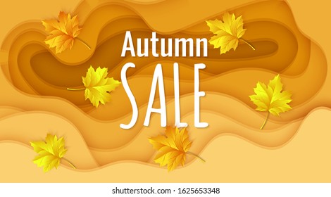 Orange paper cut background, Autumn sale banner template with yellow paper cut shapes for flyer with discount offers in fall season. Design for shopping sale or promo poster. Vector EPS 10 format