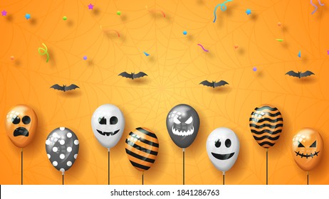 Orange Paper Cut Background Vector Halloween Spooky Scary Horror Holiday Elements Design Style Balloons Bat