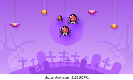 Orange Paper Cut Background Vector Halloween Sweets Spooky Scary Horror Holiday Elements Design Style Graves Spiders
