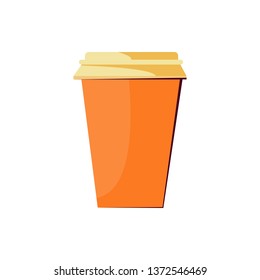 Orange paper disposable cup with plastic lid.  