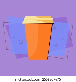 Orange paper disposable cup with plastic lid. Hot takeaway drink. Takeaway cups concept. Vector illustration can be used for topics like beverage, fast food, coffee to go, plastic