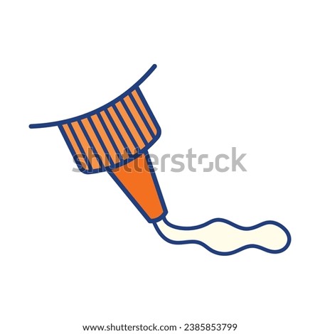 Orange paper glue bottle tip, with glue liquid applied or poured. Close up vector icon outlined isolated on square white background. Simple flat cartoon minimalist art styled drawing.