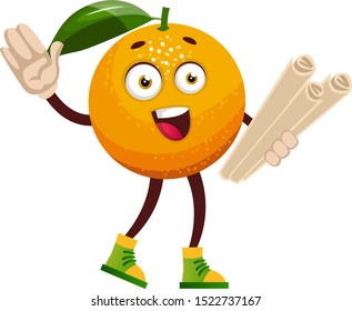 Orange with paper, illustration, vector on white background.