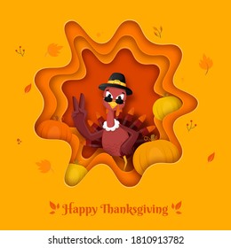 Orange Paper Layer Cut Background With Pumpkins And Cartoon Turkey Bird Wearing Pilgrim Hat For Happy Thanksgiving Concept.