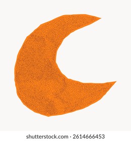 Orange paper moon sticker with jagged torn edges in geometric design on white background. Collage element made of crumpled notebook sheet with gritty halftone texture.