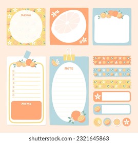 Orange paper notes, stickers, sticky sheets and tape. Vector set of stationery.