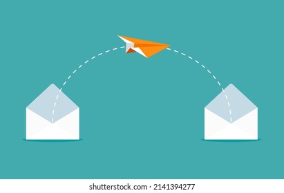 Avión de papel naranja vuela al sobre de correo. Diseño plano de ilustración vectorial.