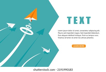 Orange Paper Plane Fly Supersonic Speed On The Blue Sky. Vector Illustration Flat Design For Poster, Banner, Presentation, And Background.