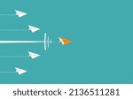 Orange paper plane leader fly supersonic speed on the blue sky. Vector illustration flat design for poster, banner, presentation, and background.