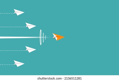 Orange paper plane leader fly supersonic speed on the blue sky. Vector illustration flat design for poster, banner, presentation, and background.