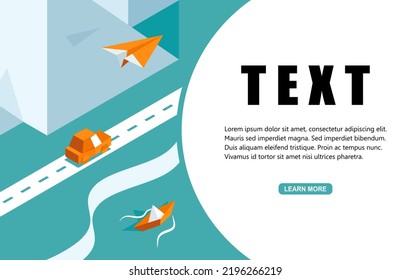 Orange paper plane, origami car on the road, and ships on the sea. Competition concept. Vector illustration isometric flat design for poster, banner, presentation, template, and background.