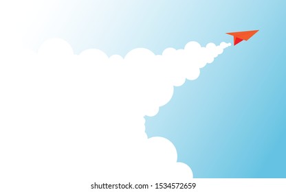 An orange paper plane is soaring fly into the sky through the clear blue sky make the white smoke from the engine and copy space for text