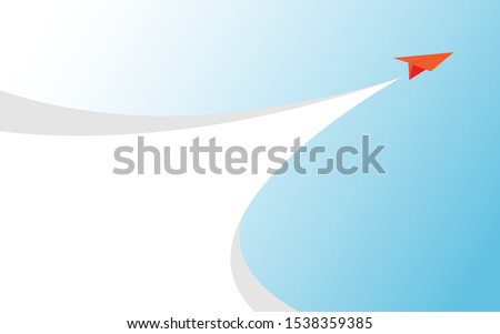 An orange paper plane is soaring fly into the sky through the clear blue sky make the white smoke from the engine and copy space for text