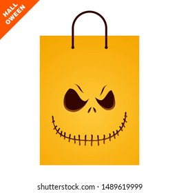 Orange paper shopping bag with halloween sinister face. Front view of retail packaging - Vector