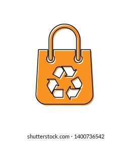 Orange Paper shopping bag with recycle icon isolated on white background. Bag with recycling symbol. Vector Illustration