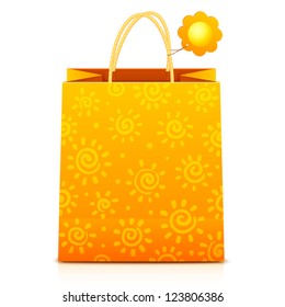 Orange paper shopping bag with sunny pattern and sun label on handle
