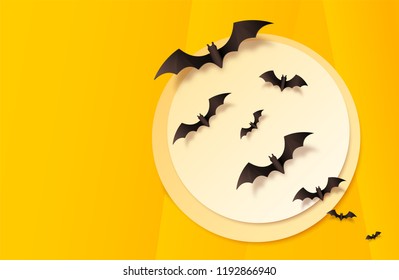 Orange paper style vector Halloween background with big moon and black bats flying across