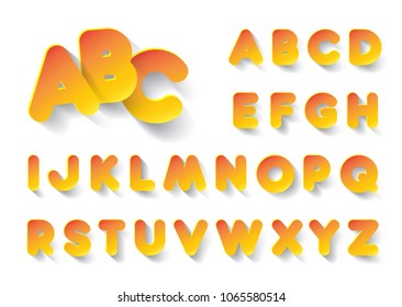 Orange paper vector font in minimalism style. Decorative white paper alphabet with shadow on a white background. Vector illustration.