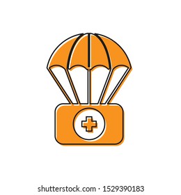 Orange Parachute with first aid kit icon isolated on white background. Medical insurance.  Vector Illustration