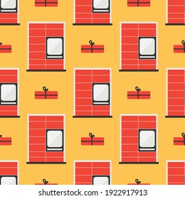 Orange parcel station, parcel locker, postamat and gift boxes vector seamless pattern background.
