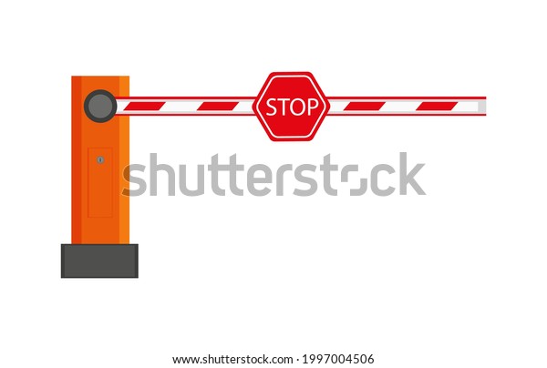 Orange parking\
barrier with red stop sign vector illustration in a cartoon flat\
style isolated on white\
background.