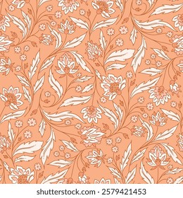 Orange Pastel Chintz Floral Garden Pattern Design vintage line art hand drawn classic Indian seamless vector design