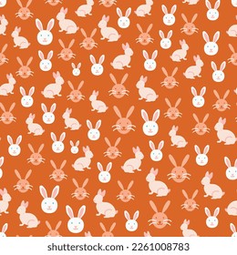 Orange and Pastel Pink Cute Rabbits Vector Repeat Pattern