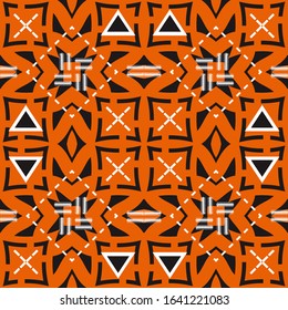 Orange patern with large ornaments and small white decorative elements. Dark background. Vector illustration