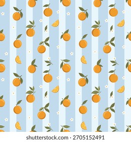 Padrão laranja, estilo de desenho animado bonito, tons de cores brilhantes, metades laranja inseridas em intervalos, fundo com listras verticais azul claro e branco, pode ser usado como papel de parede, tecido impresso ou produto 