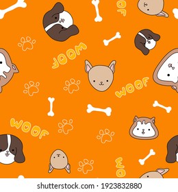 Orange pattern with cute, funny happy dogs. Paws print, bones, woof text and pets.
