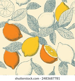 Diseño de patrón naranja con efectos de grunge vintage, diseño de impresión de fruta de verano, tops de moda de alimentos, diseño de cítricos de Antiguas. 