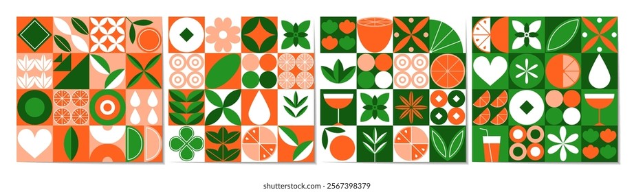 Orange pattern. Food background. Icon tangerine, abstract fruit flower, green leaf. Retro design in Bauhaus style, seamless geometric wallpaper collection, plant organic shape. Vector garish flat set