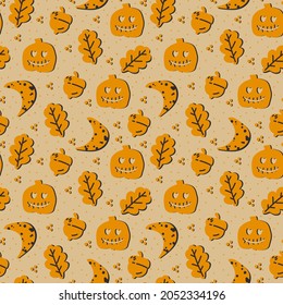 Orange pattern for Halloween. Elements for celebrating with pumpkin, autumn leaves, acorn, moon. Carnival background in doodle style for textiles. Vector illustration