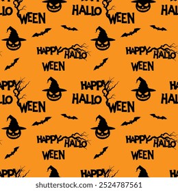 Orange pattern Happy Halloween text, bats and pumpkins in hat, gnarled old tree branches. Dark silhouettes.