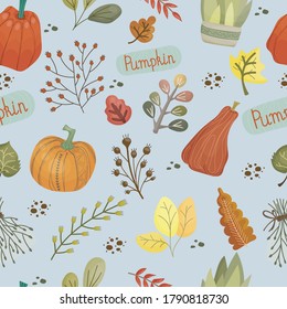 Orange pattern on autumn theme with blue background depicting pumpkins, lettering, leaves and other decorative elements in flat cartoon hygge style