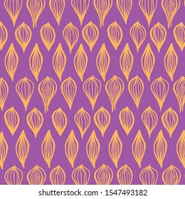 Orange pattern on purple background. Contrasting colors. Bright pattern. Hand illustrated. Vector pattern. Indian style pattern.