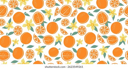 Laranja, padrão com frutos abstratos simples. Verão fundo sem costura. Citros, comida. Fundo sem costura laranja. Ilustração de estilo plano desenhada à mão. Impressão vetorial para tecido ou papel de parede.