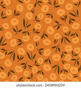 Patrón anaranjado con Pequeñas flores y hojas, patrón sin costuras. Ilustración vectorial.