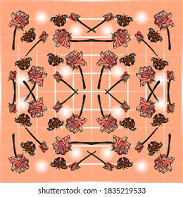 Orange pattern with stripes and butterflies, seamless pattern, square, stripes, cartoon style, wallpaper, gift paper, decoration, fabric, for clothes, celebration, greeting, party, ornament, mosaic
