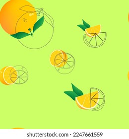 Orange pattern of a whole orange and segments on a green background. Vector illustration.