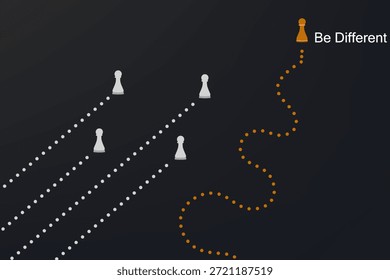 Orange pawn moving zigzag reflects innovation and leadership while others follow straight line in dark minimalist background