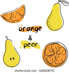 orange and pear fruit set with lettering