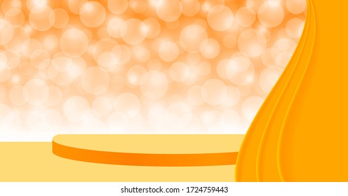 orange pedestal stage 3d on bokeh and curtain, stage podium orange with curtains for cosmetics product display show, pedestal stand deluxe for backdrop, stage pedestal for award and success concept