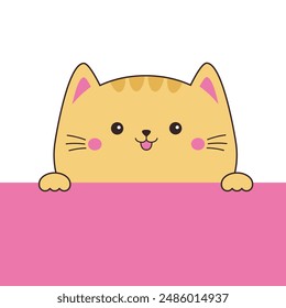 Orange peeking cat kitten icon. Cute kitty funny smiling face head. Paws holding paper. Contour line doodle. Cartoon kawaii baby character. Childish style. Flat design. White pink background. Vector