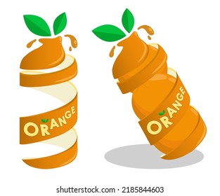Orange peel bottle twisted into spiral with juice green leaves. Citrus fruit symbol in abstract form. Vector isolated on white background