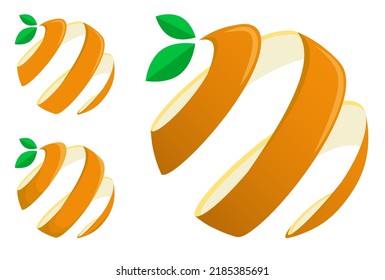 Orange peel emblem twisted into spiral with green leaves. Citrus fruit symbol in abstract form. Vector isolated on white background