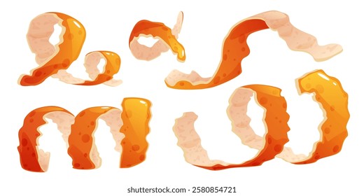 Orange peel set isolated on white background. Vector realistic illustration of fresh fruit skin spiral, tangerine, mandarin, lemon rind, citrus juice, jam or summer cocktail cooking ingredient