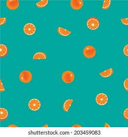 Orange with peel and orange slice seamless vector pattern on green teal background