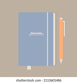 Orange pen and a notebook with blue colored cover, ribbon bookmark and elastic band.